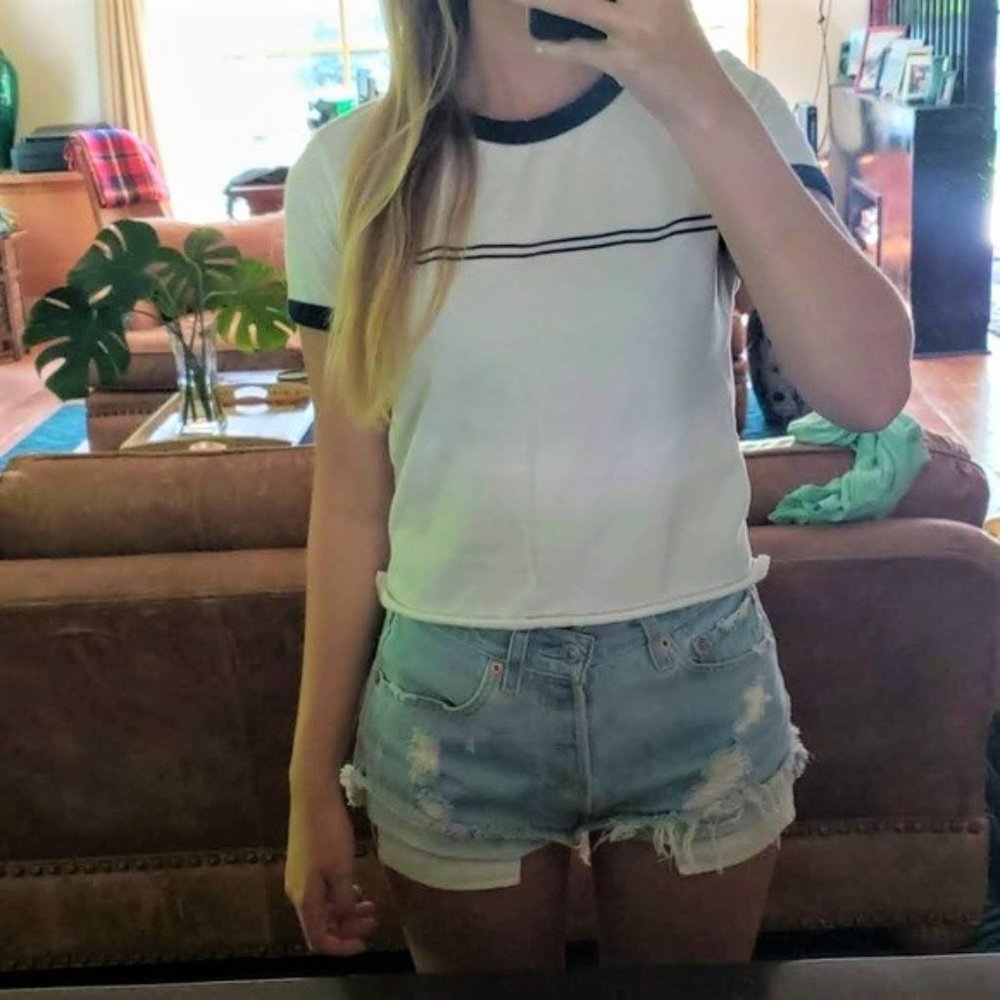 Brandy Melville White and Navy Ringer Tshirt